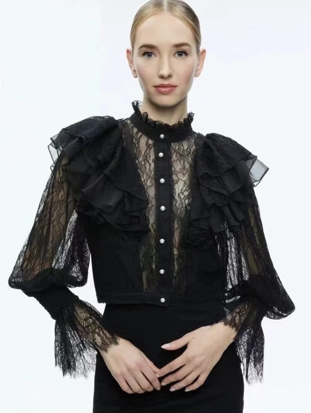 Alice + Olivia DELPHA RUFFLE LACE BLOUSON SLEEVE CROPPED TOP5 - Picture 1 of 9